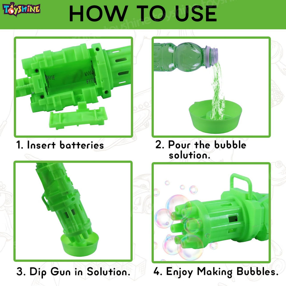 Toyshine 8 Hole Electric Bubbles Gun Gatling Bubble Machine Toy with Scoup Bottle for Children Party Favors Outdoor & Indoor Activity for Boys Girls 3 Years and Above (Green)