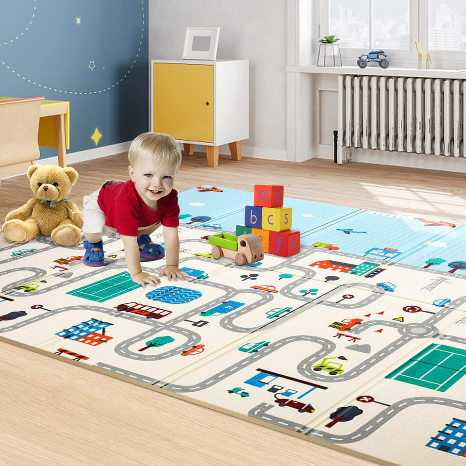 Toyshine Baby Play mat, 79x71x0.5 Inch playmat, Folding Extra Large Thick Foam Crawling playmats Reversible Waterproof Portable playmat for Babies- M1 Multicolor