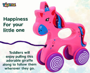 Toyshine Pull Along Unicorn Toy Animal Pull Toy - Solid Educational Baby Toy for Toddler Boys and Girls Age 18 Months, and Up - Pink