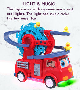 Toyshine 2 in 1 Fire Engine Slide Toy Set, Automatic Slide Down Duck Toy Race Track Toy Rotating Ferris Wheel Toy Duck Slide Toy Fire Truck Toy with Universal Wheel, Movable Eyes, Music & Lights