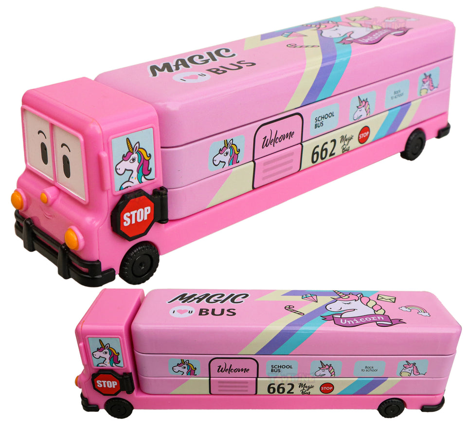 Toyshine Combo Pack of 12 Cartoon Printed School Bus Matal Pencil Box with Moving Tyres and Sharpner | Birthday Return Gift Party Favor for Kids, Birthday Party Return Gift - Pink