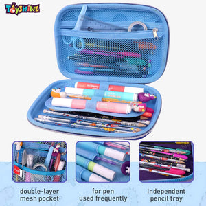 Toyshine Space Exloration Theme Hardtop Pencil Case with Compartments - Kids Large Capacity School Supply Organizer Students Stationery Box - Girls Boys Pen Pouch, Light Blue