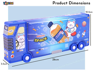 Toyshine Space Cat Double Compartment Bus Pencil Box with Moving Tyres Button Enabled Storages and Sharpner for Kids - DarkBlue