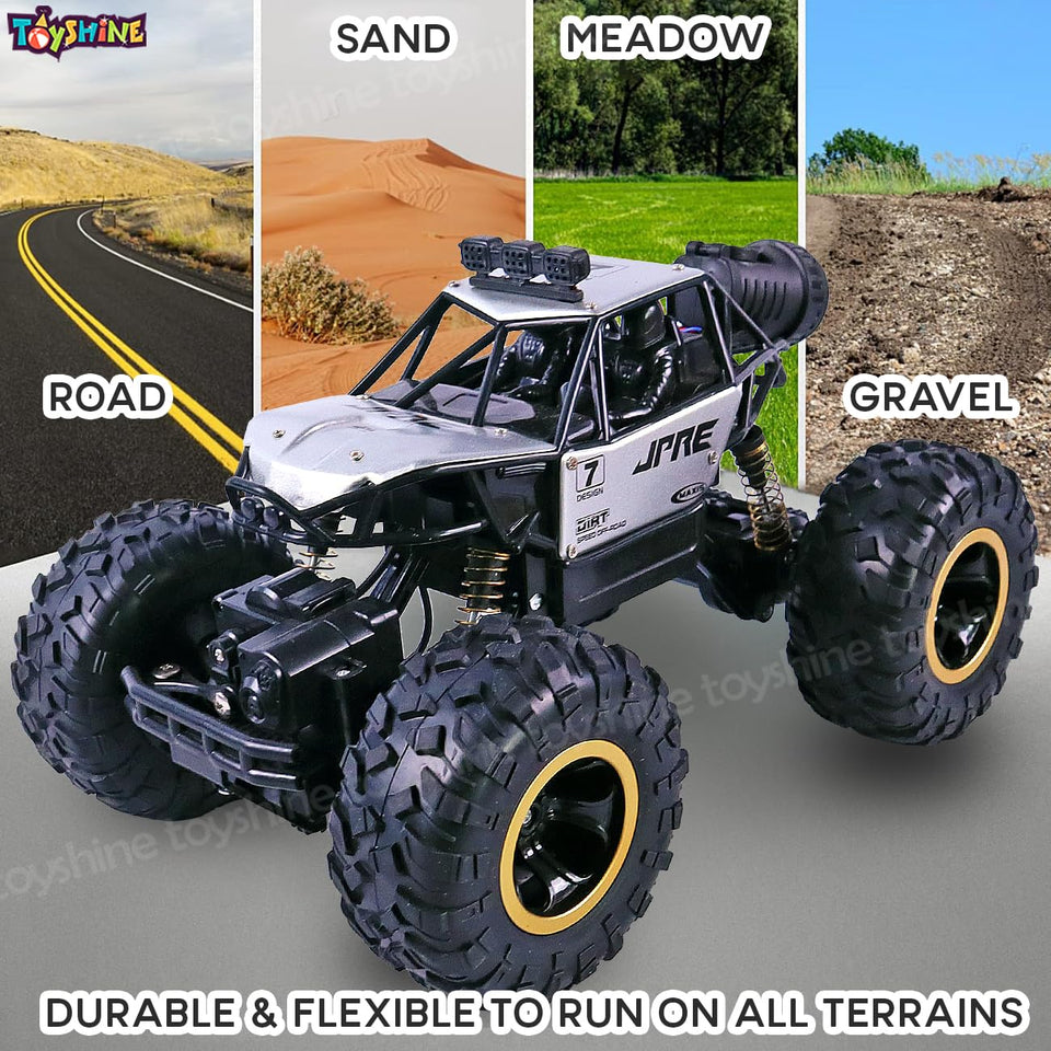 Toyshine 1:16 Scale 2.4Ghz Rechargeable Remote Control 4WD Alloy Off Road All Terrain Rock Crawler Toy Car inbuilt with Booster Spray Function and Long Battery Life for Kids Adults - Silver