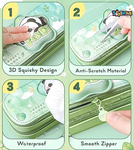 Toyshine Panda Theme Pencil Pouch with 2 Compartment Handheld Soft Pouch for School Students Girls Boys - Green