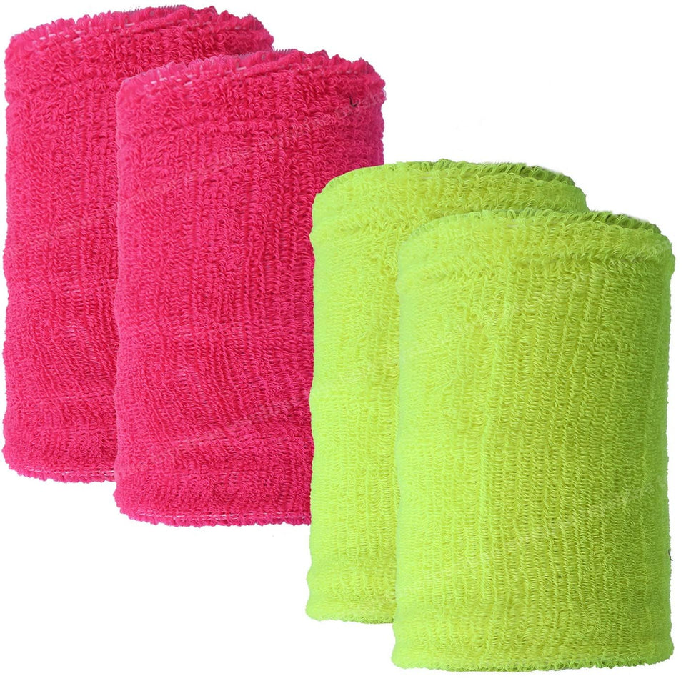 Toyshine Thick Cotton Wristbands (5 INCH), Athletic Sweat Bands for Sports Activities - Pack of 2 Pairs Pink/Neon