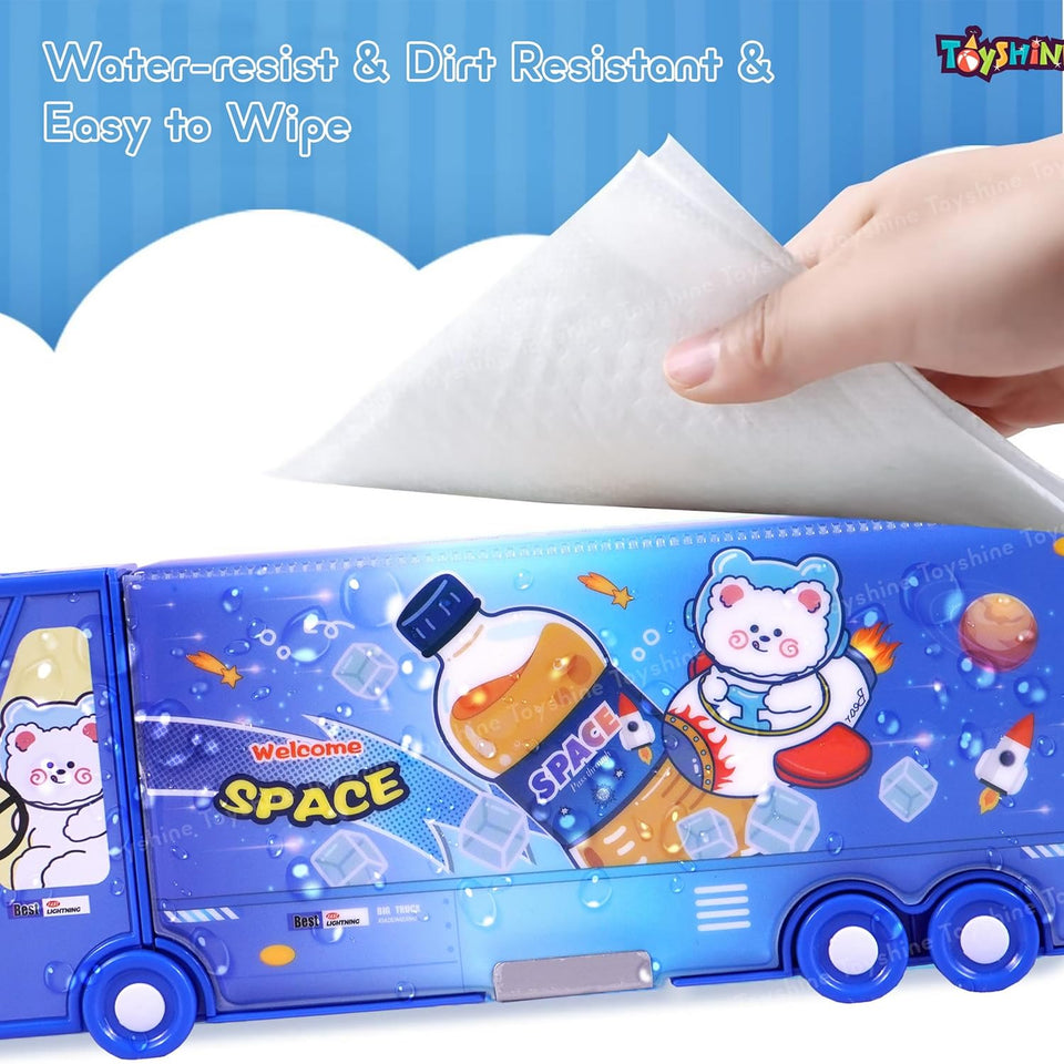 Toyshine Space Cat Double Compartment Bus Pencil Box with Moving Tyres Button Enabled Storages and Sharpner for Kids - DarkBlue