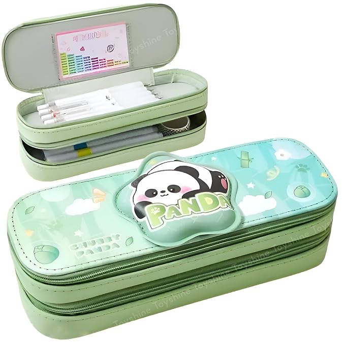 Toyshine Panda Theme Pencil Pouch with 2 Compartment Handheld Soft Pouch for School Students Girls Boys - Green