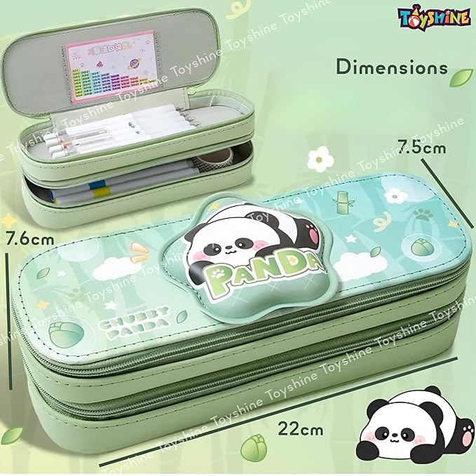 Toyshine Panda Theme Pencil Pouch with 2 Compartment Handheld Soft Pouch for School Students Girls Boys - Green