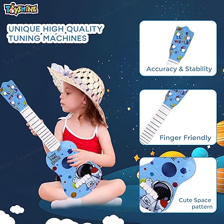 Toyshine 21" Space Theme 4 String Guitar Easy-to-Hold Thin Frets Low String Musical Instrument Learning Educational Toy Gift for Toddlers Kids