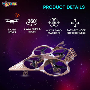 Toyshine 2.4Ghz Remote Control RC Glider Quadcopter with LED Light Indication Gyro Stabiliser 4 Blade Propellers 360° Flip Performance Altitude Hold Cool Light Jet Fighter Toy for 8+ Years (Brown)