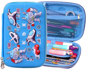 Toyshine Space Exloration Theme Hardtop Pencil Case with Compartments - Kids Large Capacity School Supply Organizer Students Stationery Box - Girls Boys Pen Pouch, Light Blue