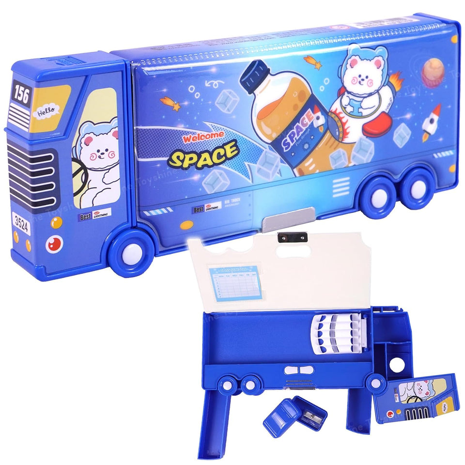 Toyshine Space Cat Double Compartment Bus Pencil Box with Moving Tyres Button Enabled Storages and Sharpner for Kids - DarkBlue