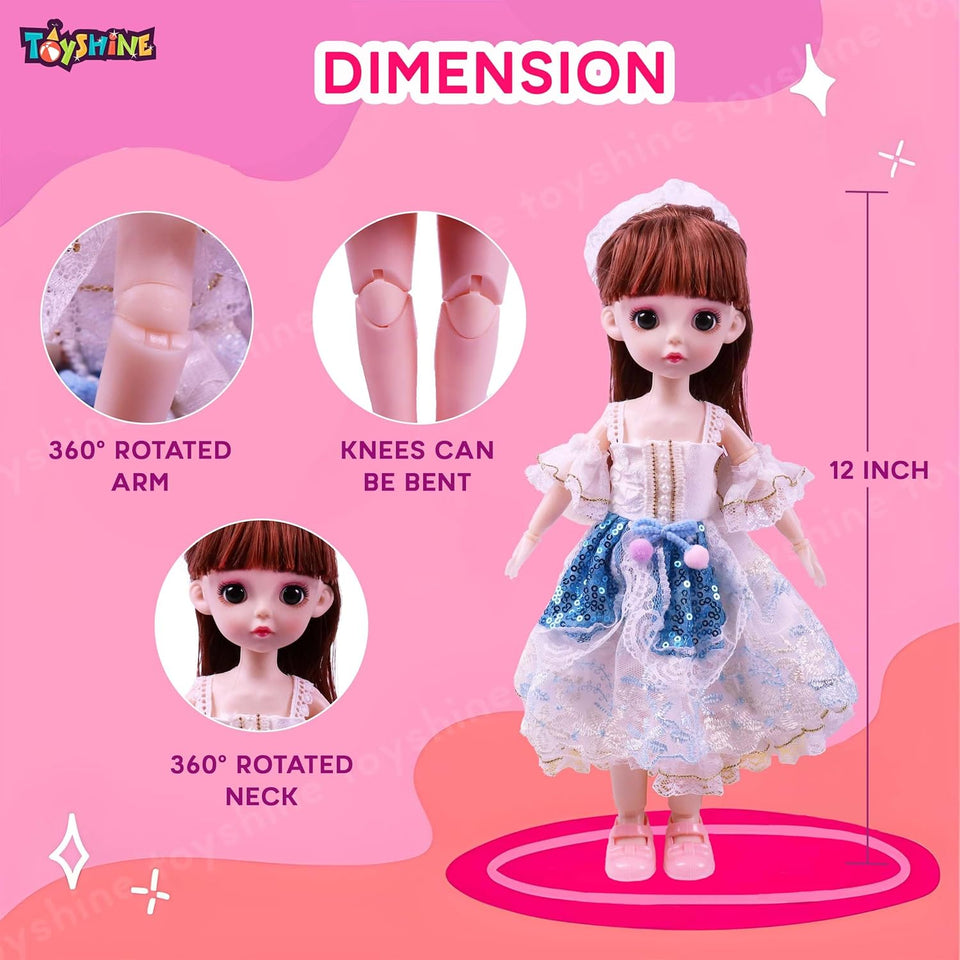 Toyshine 12 Inch Cute Doll with 3D Eyes & Beautiful Wedding Dress with Movable Joints Pretend Play Toy Birthday Gift for Age 3 and Above - Blue