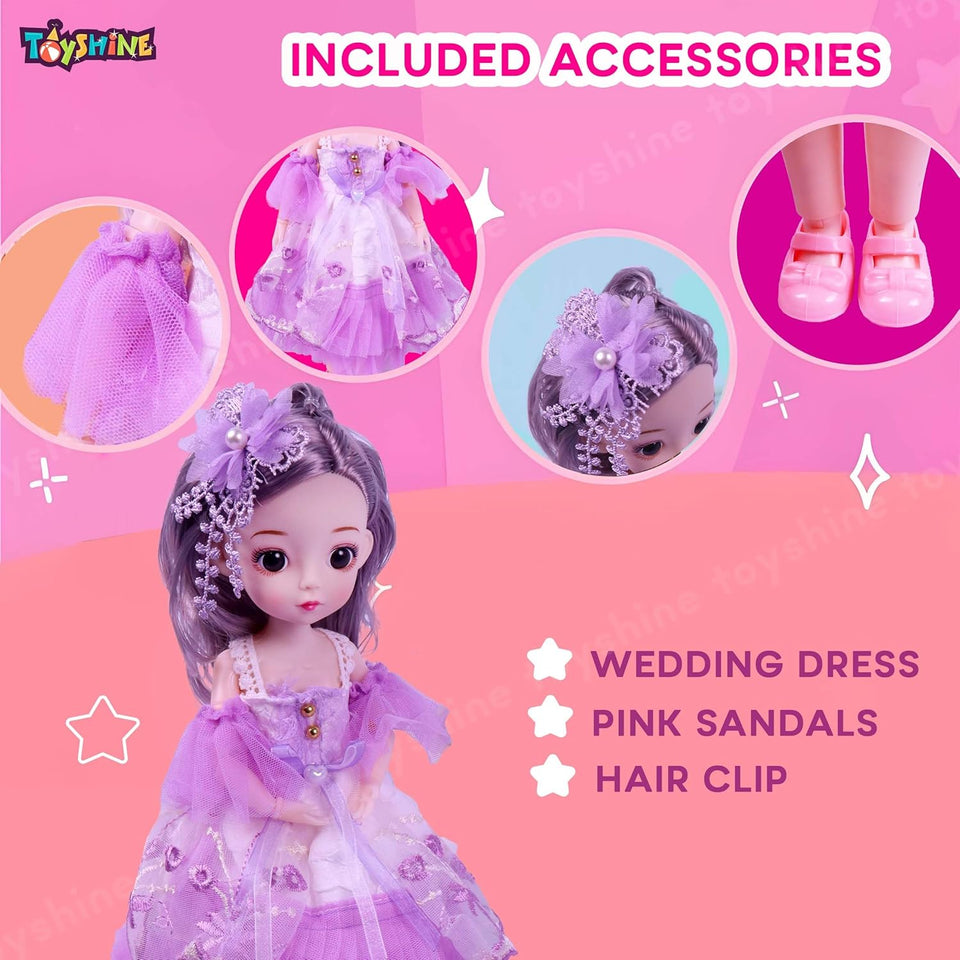 Toyshine 12 Inch Cute Doll with 3D Eyes & Beautiful Wedding Dress with Movable Joints Pretend Play Toy Birthday Gift for Age 3 Year and Above - Purple