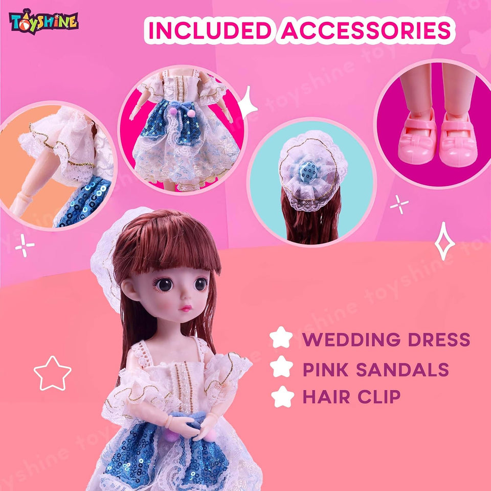 Toyshine 12 Inch Cute Doll with 3D Eyes & Beautiful Wedding Dress with Movable Joints Pretend Play Toy Birthday Gift for Age 3 and Above - Blue
