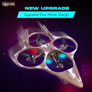 Toyshine 2.4Ghz Remote Control RC Glider Quadcopter with LED Light Indication Gyro Stabiliser 4 Blade Propellers 360° Flip Performance Altitude Hold Cool Light Jet Fighter Toy for 8+ Years (Brown)