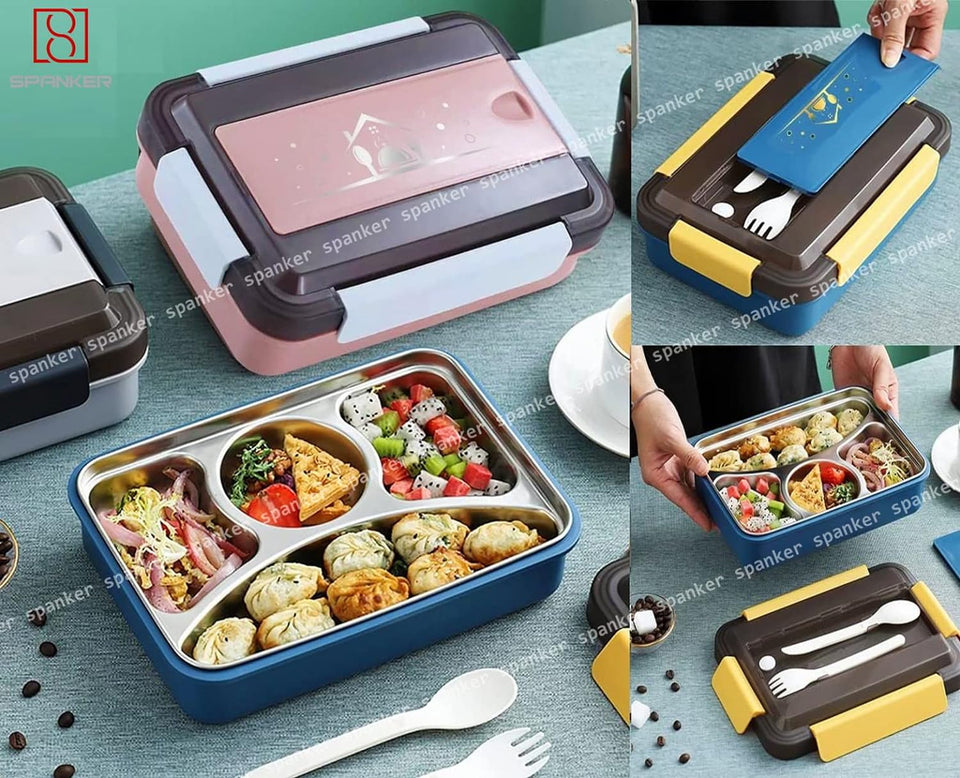 Spanker 4 Sections Box Thermal Stainless Steel Insulation Box Tableware Set Portable Tiffin Box for Kid Adult Student Children Keep Food - 950 ML - Grey