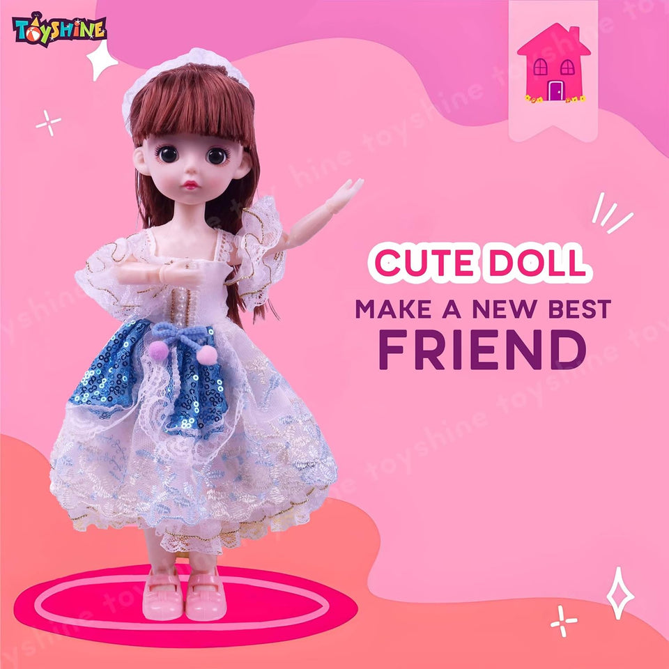 Toyshine 12 Inch Cute Doll with 3D Eyes & Beautiful Wedding Dress with Movable Joints Pretend Play Toy Birthday Gift for Age 3 and Above - Blue