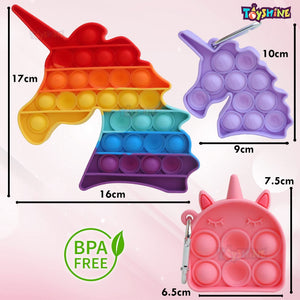 Toyshine Combo Unicorn Plush Kids Backpack Bag And Pack of 4 - Unicorn Popit Bubble Key Ring- Fidget Popping Sounds Toy For Girls Boys Perfect Companion