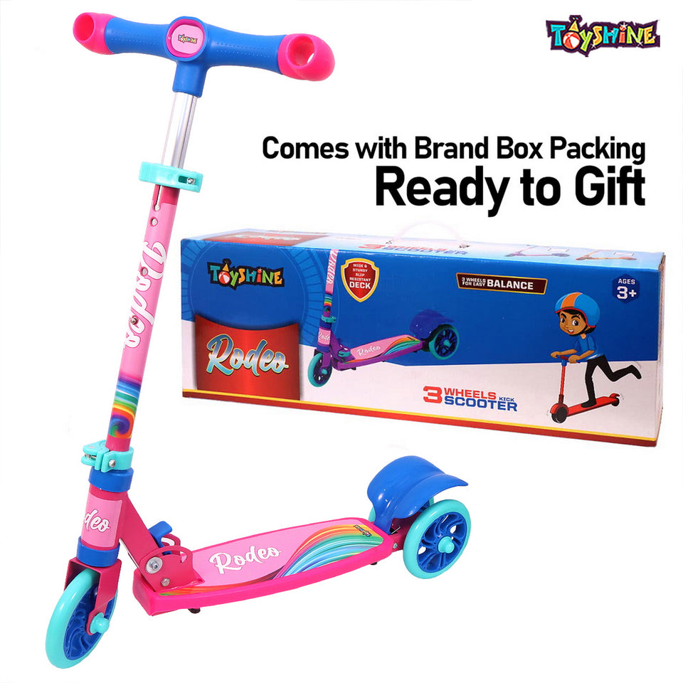 Toyshine Combo Pack of 2 Rodeo Runner Scooter for Kids with Anti Slip ABS Base and Aluminum Structure Ride-on, Height Adjustable, 3 Wheel Rider for Boys and Girls Ages 3+, Orange + Pink