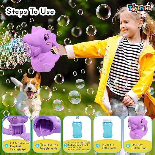 Toyshine Battery Operated Dinosaur Gatling Bubble Machine Toy with 2 Scoup Bottle for Children Party Favors Outdoor & Indoor Activity for Boys Girls 3 Years and Above (Purple)