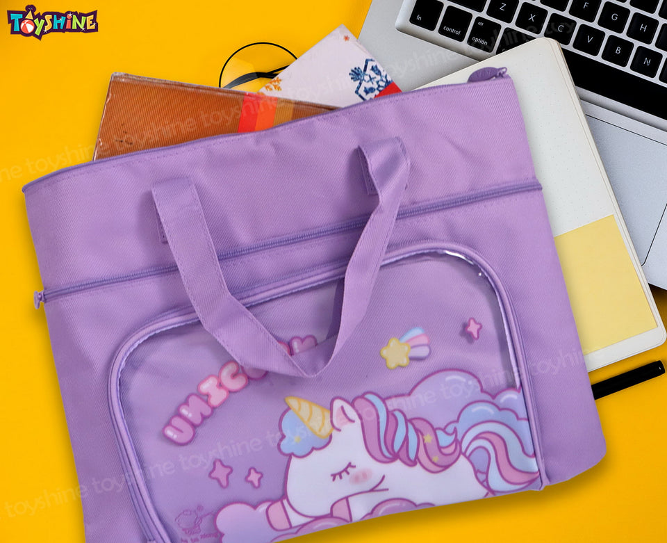 Toyshine Unicorn Design Handbag 14x10 Inches | Tuition, Picnic, Laptop, Notebook Carrying Handbag for Students - Purple