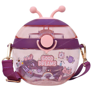 Toyshine Ladybug Beetle 450 ML Kids Water Bottle With Spill Proof Straw, Pop Button, BPA Free - Featuring Soft Handle Grip and Strap Children's Drinkware, Purple