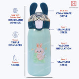 Spanker Spill Proof Cute Bunny Insulated Water Bottle for Kids Steel Flask Metal Thermos-520 ML, Green