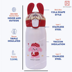 Spanker Cute Bunny Insulated Hot n Cold Water Bottle for Kids Steel Flask Metal Thermos, Spill Proof Cap Closure, BPA Free for School Home, Silicon Gripper Children's Drinkware, 520 ML, White