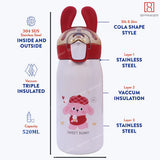 Spanker Cute Bunny Insulated Hot n Cold Water Bottle for Kids Steel Flask Metal Thermos, Spill Proof Cap Closure, BPA Free for School Home, Silicon Gripper Children's Drinkware, 520 ML, White