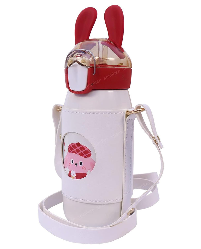 Spanker Cute Bunny Insulated Hot n Cold Water Bottle for Kids Steel Flask Metal Thermos, Spill Proof Cap Closure, BPA Free for School Home, Silicon Gripper Children's Drinkware, 520 ML, White