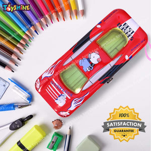 Toyshine Modern Car Metal Pencil Box Detailed Exterior, Double Comparment for Kids - Red
