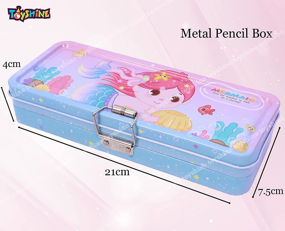 Toyshine Mermaid Metal Pencil Box Basic Pencil Case, Double Comparment for Kids, School Box, for Girls Boys Kids - Pink