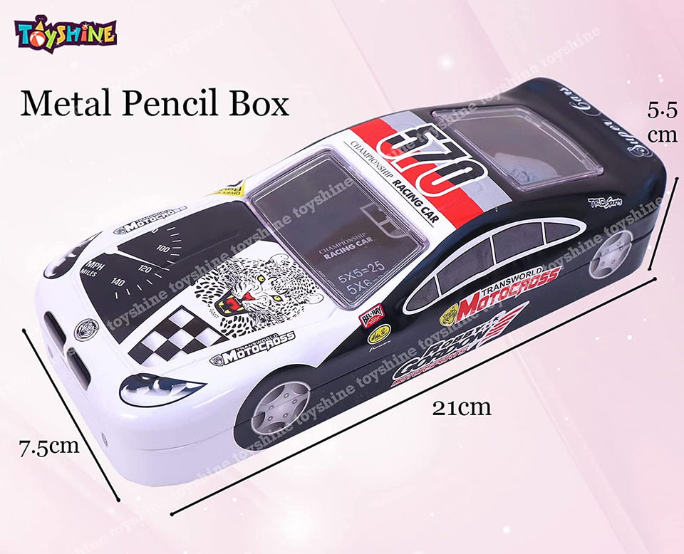 Toyshine 570 Car Metal Pencil Box, Pencil Case Double Comparment for Kids with Stationery - Black