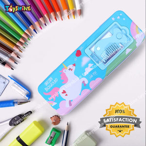 Toyshine Unicorn Metal Pencil Box with Comb|Double Compartment||Girls Boys - Blue