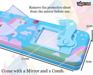 Toyshine Unicorn Metal Pencil Box with Comb|Double Compartment||Girls Boys - Blue