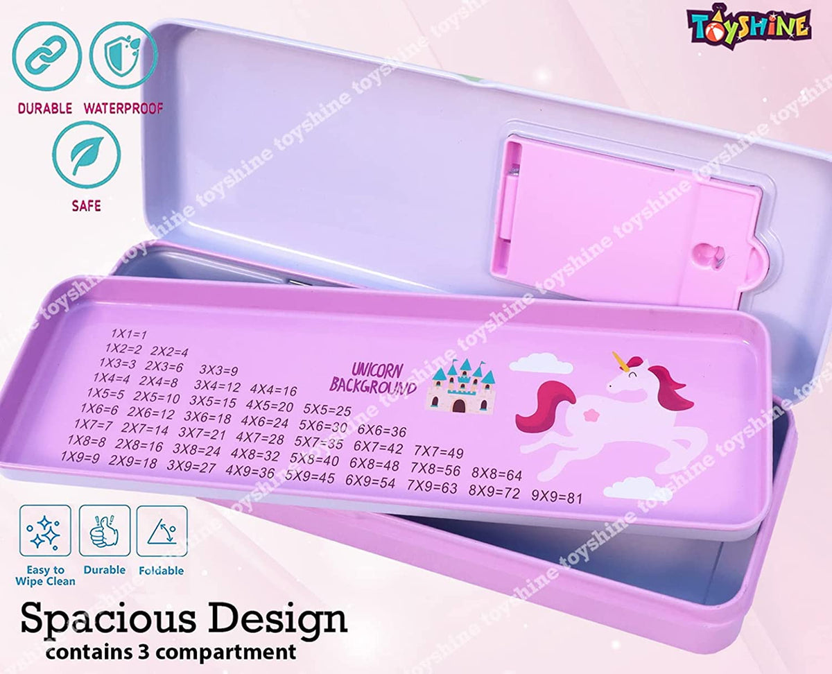 Toyshine Unicorn Metal Pencil Box with Comb, Pencil Case, Double Compa