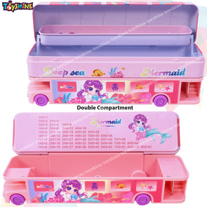 Toyshine Double Decker London Bus Metal Pencil Box with Moving Tyres and Sharpner for Kids - Mermaid Pink