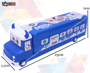 Toyshine Milk Truck Metal Pencil Box with Moving Tyres, Sharpners and Pencils Included for Kids - Blue (B)