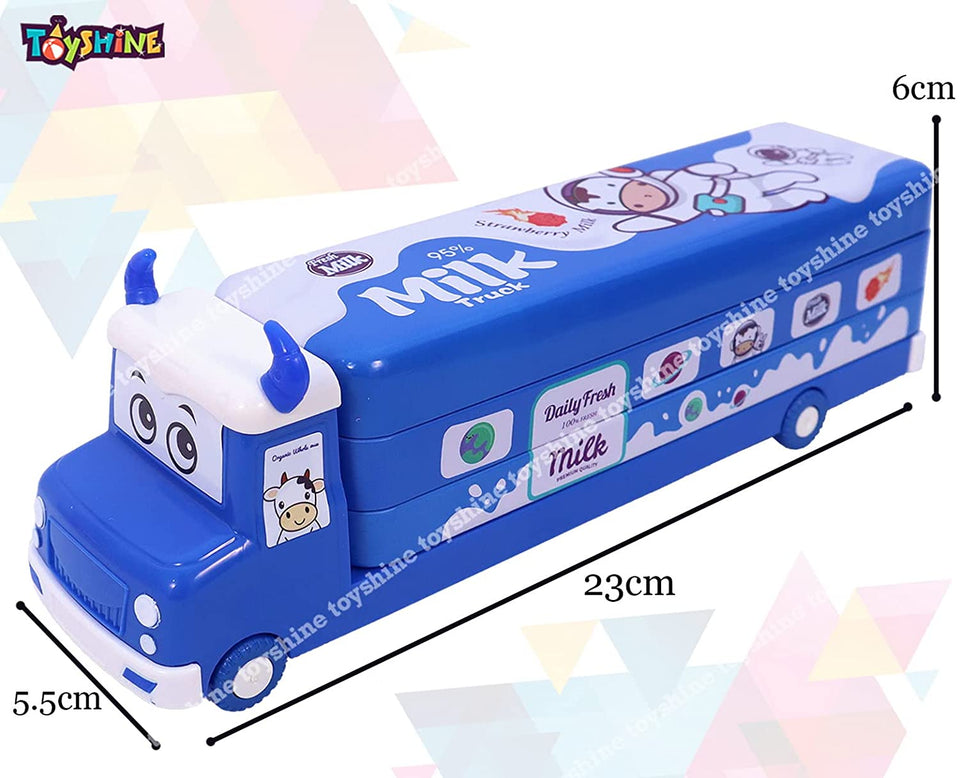 Toyshine Milk Truck Metal Pencil Box with Moving Tyres, Sharpners and