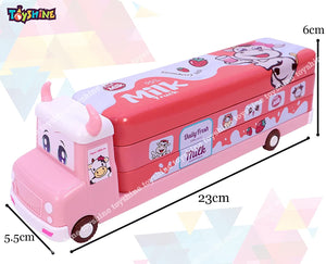 Toyshine Milk Truck Metal Pencil Box with Moving Tyres, Sharpners and Pencils Included for Kids - Pink (b)