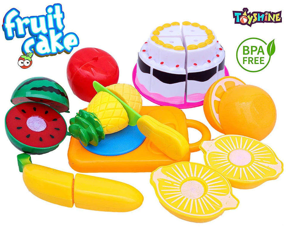 Toyshine 12 Pcs Realistic Sliceable Fruits Cake Toy Set with Knife, Cutting Plat , Cake , Fruits (D-Lite)