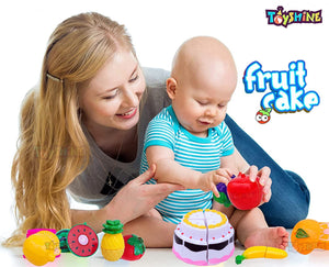 Toyshine 12 Pcs Realistic Sliceable Fruits Cake Toy Set with Knife, Cutting Plat , Cake , Fruits (D-Lite)