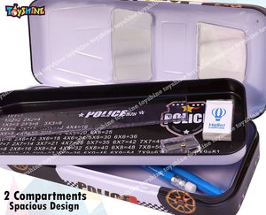 Toyshine Police Metal Pencil Box, Detailed Exterior, Double Comparment for Kids - Black