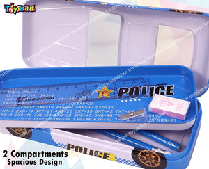 Toyshine Police Metal Pencil Box, Detailed Exterior, Double Comparment for Kids - Blue