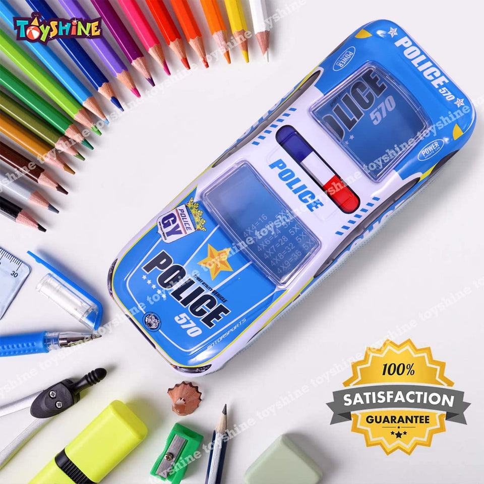 Toyshine Police Metal Pencil Box, Detailed Exterior, Double Comparment for Kids - Blue
