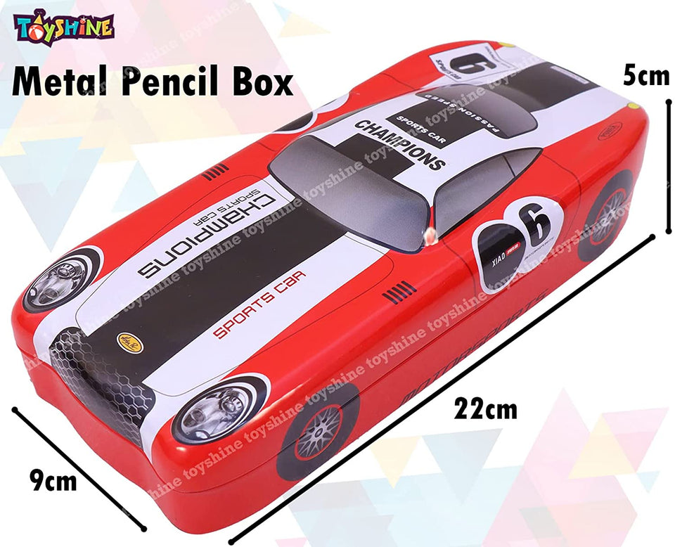 Toyshine Vintage Car Metal Pencil Box Detailed Exterior, Double Comparment for Kids - Red