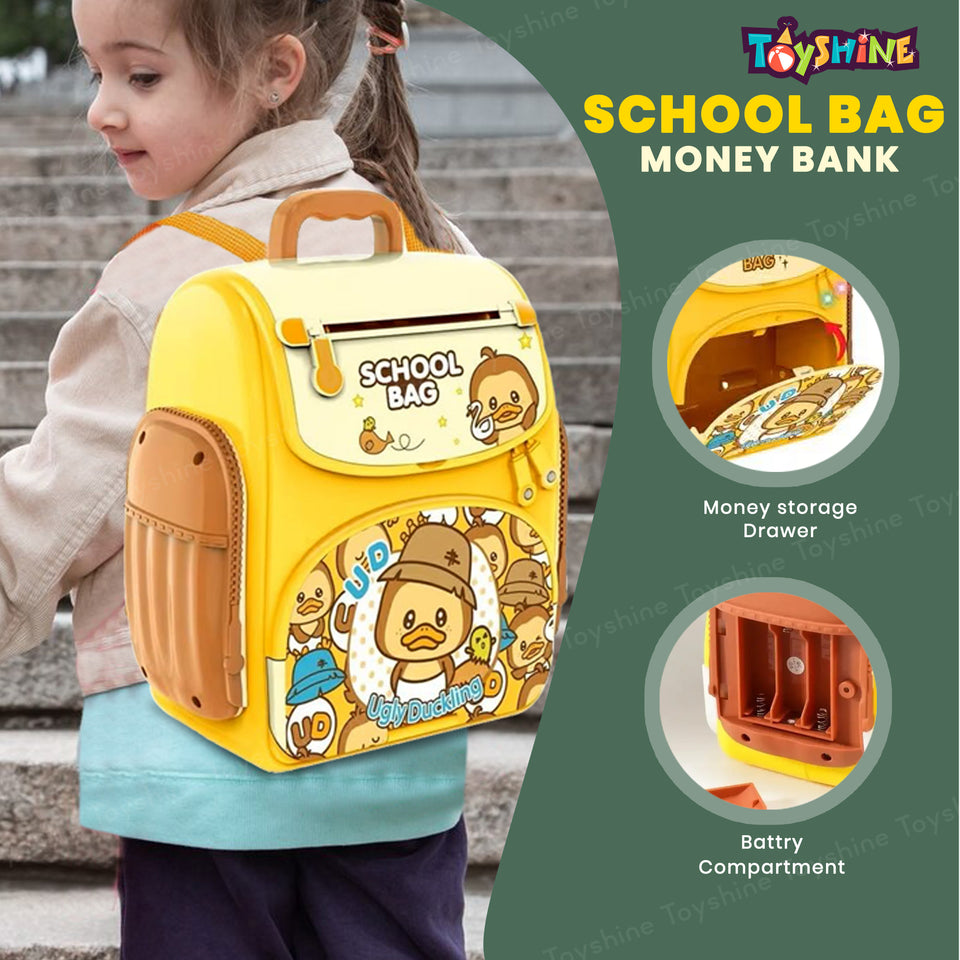 Toyshine School Bag Design Musical Finger Print Sensor Money Safe Piggy Bank ATM for Kids with Password Operation | Money Saving Box Birthday Gift for Boys Girls 3+, Yellow