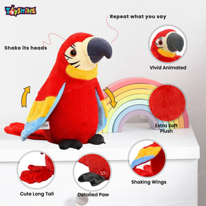 Toyshine Talking Macaw Parrot Repeat What You Say Stuffed Animal Plush Toy Electronic Record Animated Bird with Shaking Wings Feature Speaking Parrot Pet Toy for Kids Boys Girls